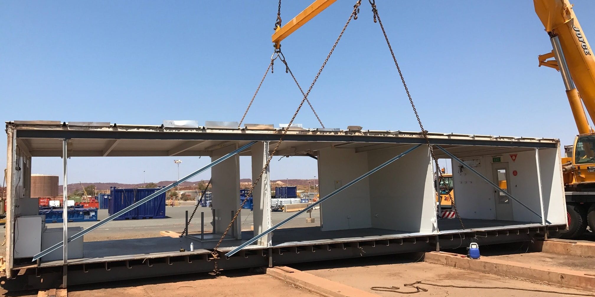 Shed construction Shed construction by crane for commercial project in the Pilbara