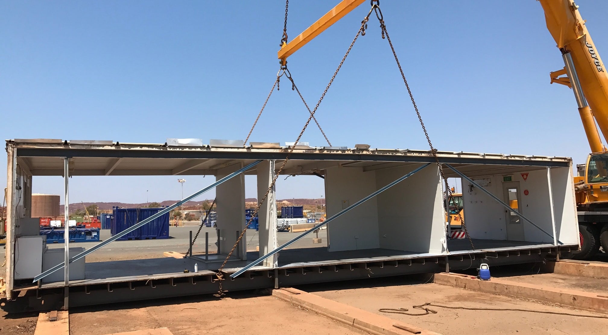 Shed construction by crane for commercial project in the Pilbara